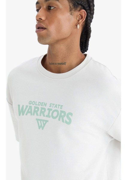 Defactofit Nba Golden State Warriors Oversize Geniş Kalıp Bisiklet Yaka Sırt Baskılı Kısa Kollu TIŞÖRT D8611AX25SP