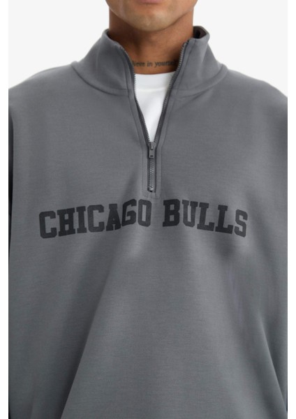 fit Nba Chicago Bulls Oversize Geniş Kalıp Fermuarlı Dik Yaka Skuba Dalgıç Kumaş SWEATSHIRT D8616AX25SP
