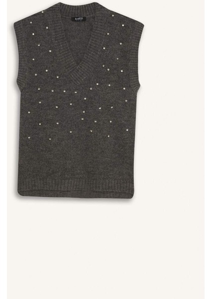 Relax Fit V Yaka Taşlı Triko Süveter D7512AX24WN