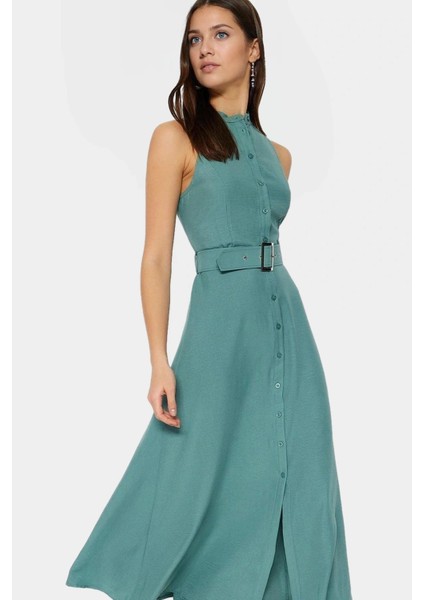 Maxi Kemerli Gömlek Elbise Dokuma Polyester Yazlık Şık Tasarım Seçkin Malzeme Trend