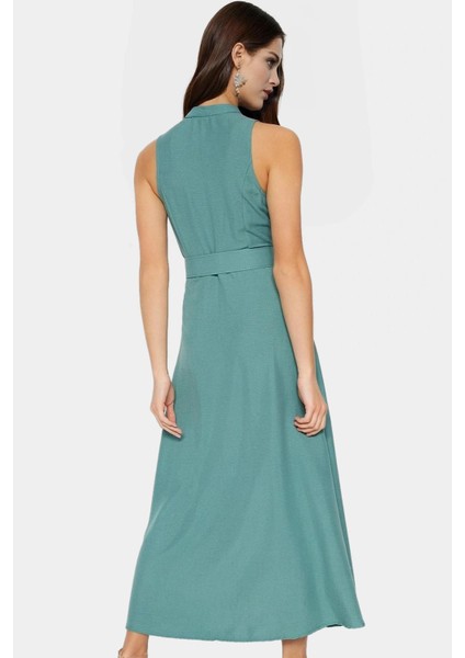Maxi Kemerli Gömlek Elbise Dokuma Polyester Yazlık Şık Tasarım Seçkin Malzeme Trend modelleri
