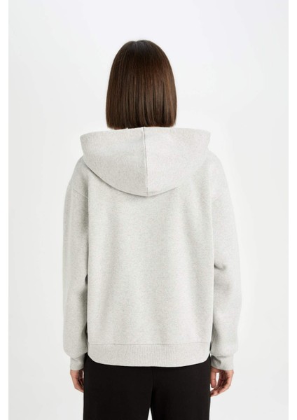 Gri Okula Dönüş Relax Fit Kapüşonlu Kalın Basic Düz Cepli Fermuarlı Sweatshirt D8717AX24WN