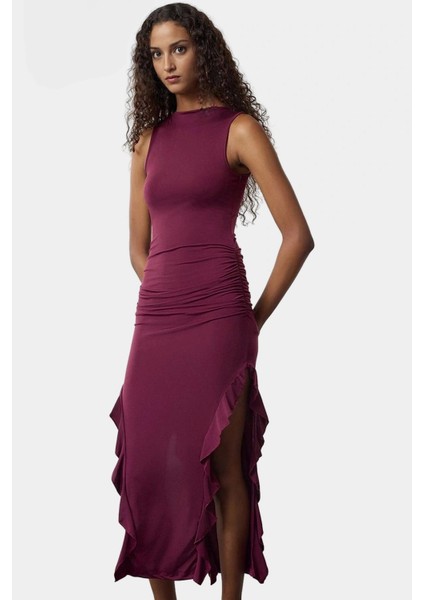 Yazlık Fırfır Detaylı Maxi Elbise Nefes Alan Örme Kumaş Kayık Yaka Mükemmel Uyum fiyatları