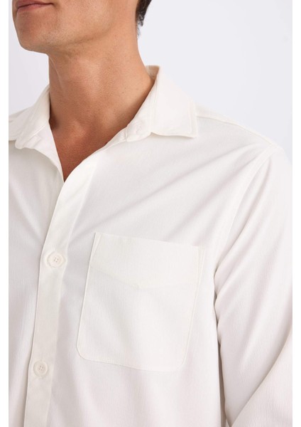 Regular Fit Polo Yaka Basic Düz Gofre Uzun Kollu Beyaz Gömlek D8713AX25SP