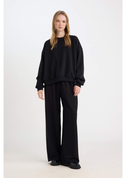 Coool Oversize Geniş Kalıp Bisiklet Yaka Basic Düz Kalın Siyah Sweatshirt D9022AXNS