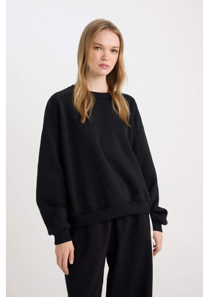 Coool Oversize Geniş Kalıp Bisiklet Yaka Basic Düz Kalın Siyah Sweatshirt D9022AXNS