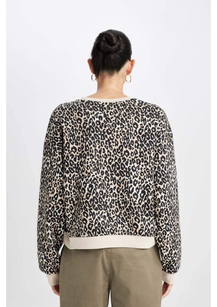Boxy Fit Bisiklet Yaka Leopar Desenli Kalın Sweatshirt D8722AX24WN