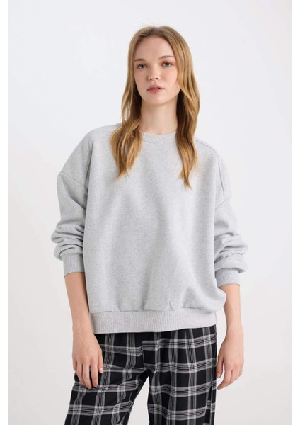 Coool Oversize Geniş Kalıp Bisiklet Yaka Basic Düz Kalın Gri Sweatshirt D9022AXNS