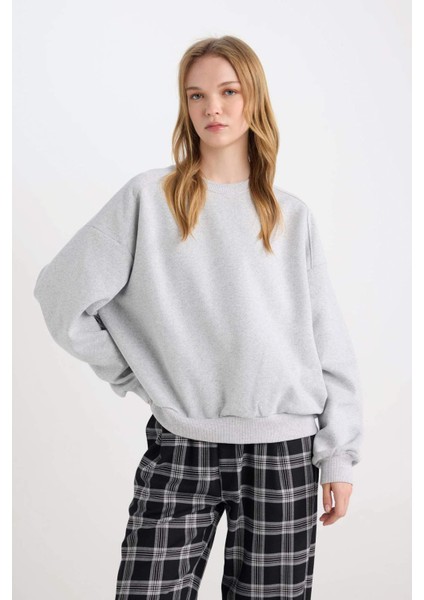 Coool Oversize Geniş Kalıp Bisiklet Yaka Basic Düz Kalın Gri Sweatshirt D9022AXNS