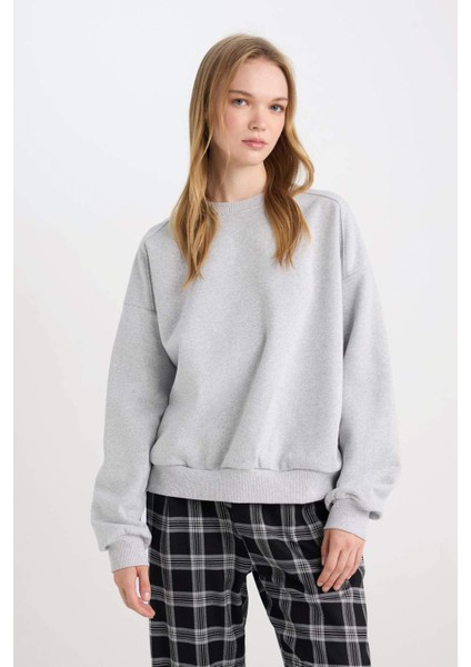 Coool Oversize Geniş Kalıp Bisiklet Yaka Basic Düz Kalın Gri Sweatshirt D9022AXNS