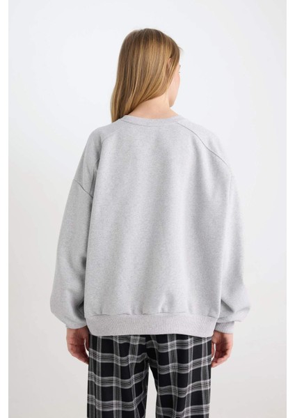 Coool Oversize Geniş Kalıp Bisiklet Yaka Basic Düz Kalın Gri Sweatshirt D9022AXNS