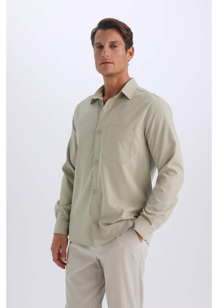 Regular Fit Polo Yaka Basic Düz Gofre Uzun Kollu Gömlek D8713AX25SP