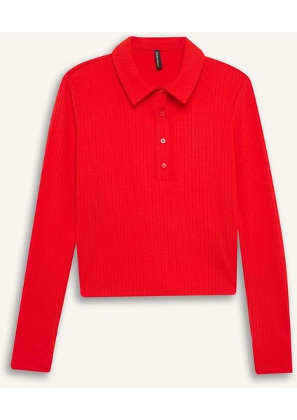 Slim Fit Dar Kesim Polo Yaka Fitilli Kaşkorse Uzun Kollu Tişört D8720AX24AU