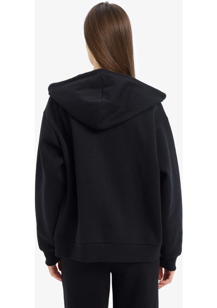 Siyah Okula Dönüş Relax Fit Kapüşonlu Kalın Basic Düz Cepli Fermuarlı Sweatshirt D8717AX24WN