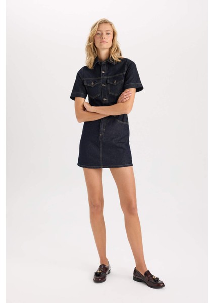Fashion Fit Gömlek Yaka Cepli Kısa Kollu Midi Jean Elbise D5809AX24WN