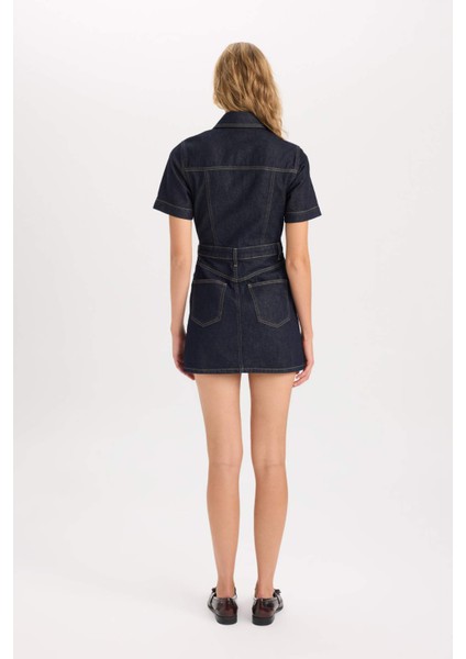 Fashion Fit Gömlek Yaka Cepli Kısa Kollu Midi Jean Elbise D5809AX24WN
