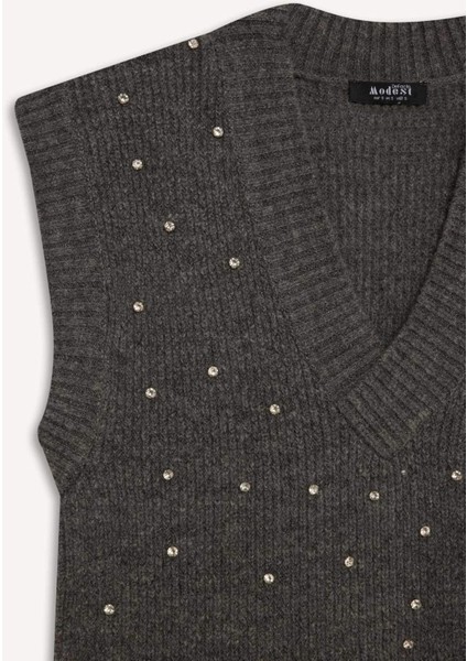 Relax Fit V Yaka Taşlı Triko Süveter D7512AX24WN