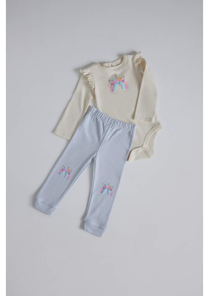 Kız Bebek 2'li Takım Unicorn Baskılı Uzun Kollu Çıtçıtlı Body Beli Lastikli Alt D8702A525SP