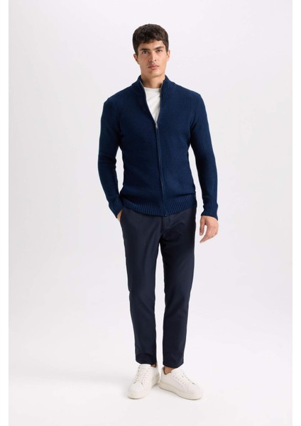Lacivert Standart Fit Normal Kesim Yarım Balıkçı Yaka Fermuarlı Waffle Hırka R1195AZNS