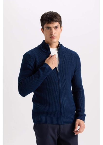 Lacivert Standart Fit Normal Kesim Yarım Balıkçı Yaka Fermuarlı Waffle Hırka R1195AZNS