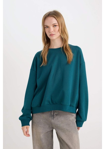 Coool Oversize Geniş Kalıp Bisiklet Yaka Basic Düz Kalın Sweatshirt D9022AXNS