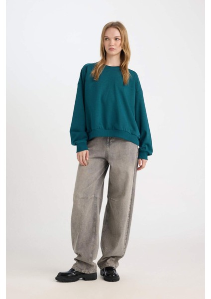 Coool Oversize Geniş Kalıp Bisiklet Yaka Basic Düz Kalın Sweatshirt D9022AXNS