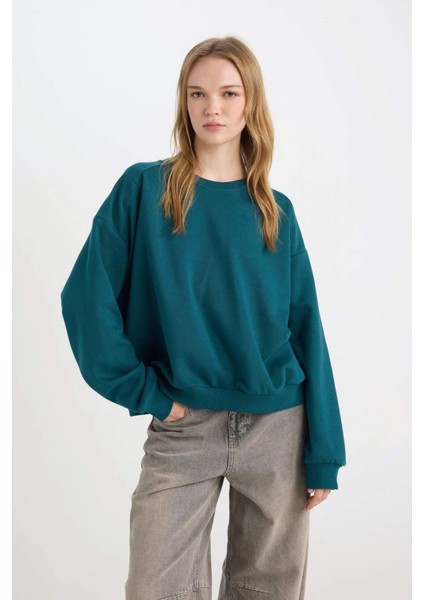 Coool Oversize Geniş Kalıp Bisiklet Yaka Basic Düz Kalın Sweatshirt D9022AXNS