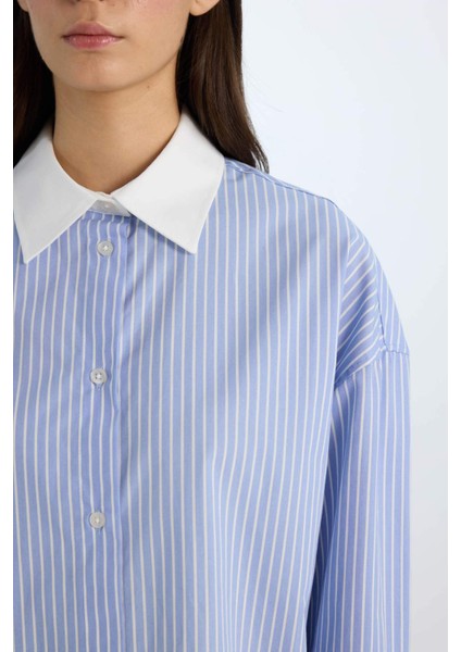 Oversize Geniş Kalıp Çizgili Poplin Uzun Kollu Gömlek