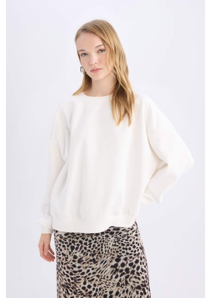 Coool Oversize Geniş Kalıp Bisiklet Yaka Basic Düz Kalın Sweatshirt D9022AXNS