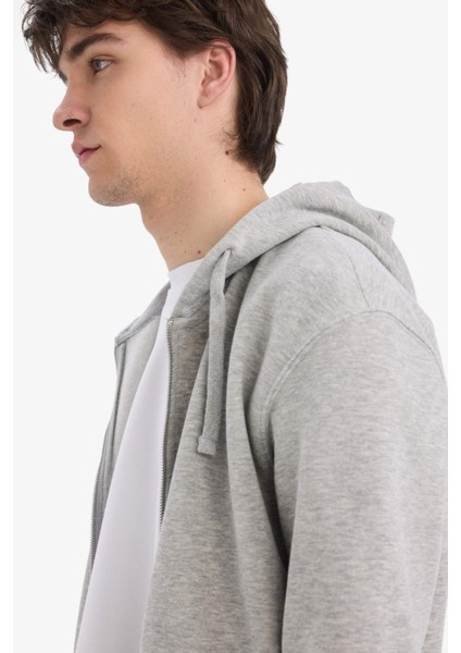 Comfort Fit Kapüşonlu İçi Yumuşak Tüylü Basic Düz Kalın Fermuarlı Sweatshirt D7599AX25SP