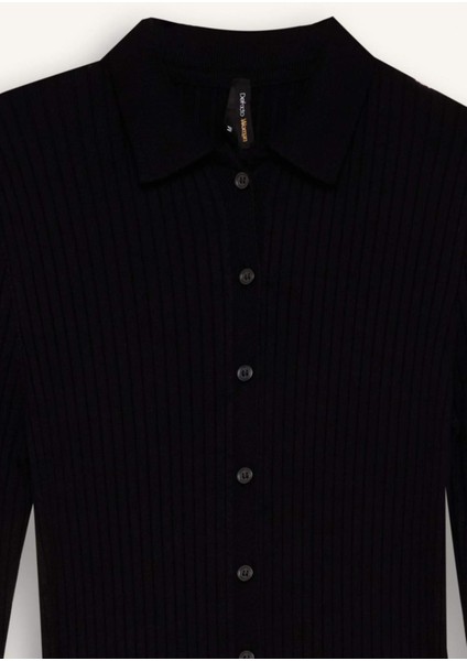 Fitted Vücudu Saran Gömlek Yaka Basic Düz Uzun Kollu Midi Elbise D8595AX24WN