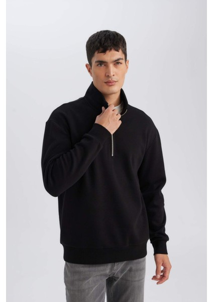 Siyah 3 İplik Pamuklu Şardonlu İçi Polarlı Comfort Regular Fit Rahat Kalıp Dik Yaka Fermuarlı Kalın Sweatshirt D9067AXNS