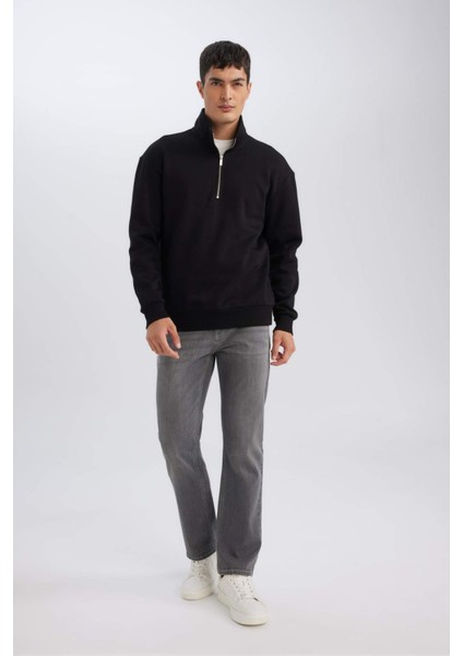Siyah 3 İplik Pamuklu Şardonlu İçi Polarlı Comfort Regular Fit Rahat Kalıp Dik Yaka Fermuarlı Kalın Sweatshirt D9067AXNS