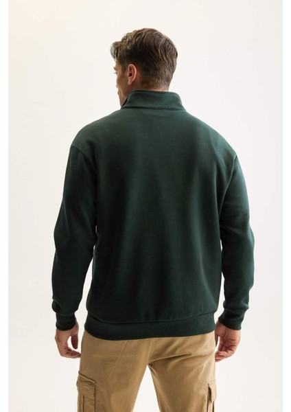 3 İplik Pamuklu Şardonlu İçi Polarlı Comfort Regular Fit Rahat Kalıp Dik Yaka Fermuarlı Kalın Sweatshirt D9067AXNS