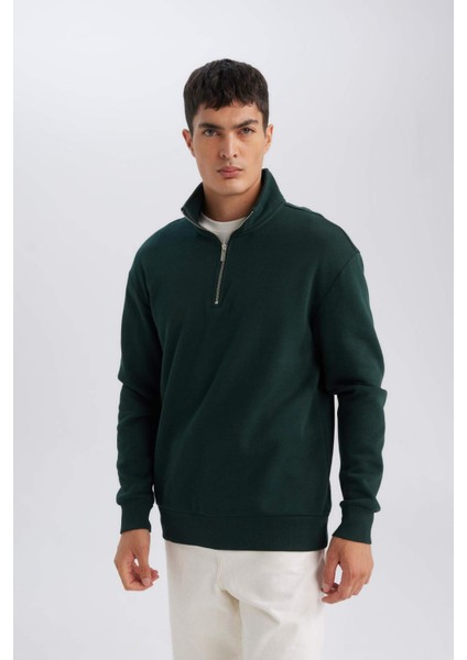 3 İplik Pamuklu Şardonlu İçi Polarlı Comfort Regular Fit Rahat Kalıp Dik Yaka Fermuarlı Kalın Sweatshirt D9067AXNS