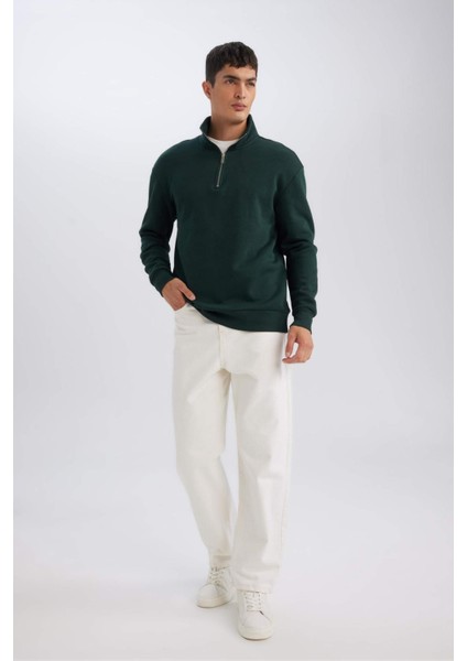 3 İplik Pamuklu Şardonlu İçi Polarlı Comfort Regular Fit Rahat Kalıp Dik Yaka Fermuarlı Kalın Sweatshirt D9067AXNS