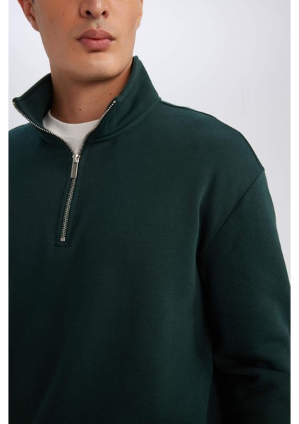 3 İplik Pamuklu Şardonlu İçi Polarlı Comfort Regular Fit Rahat Kalıp Dik Yaka Fermuarlı Kalın Sweatshirt D9067AXNS