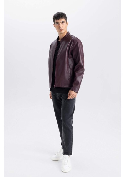 Su İtici Slim Fit Dar Kesim Dik Yaka Fermuarlı Suni Deri Mont D8525AX25SP