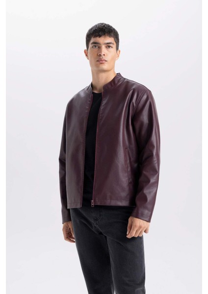 Su İtici Slim Fit Dar Kesim Dik Yaka Fermuarlı Suni Deri Mont D8525AX25SP