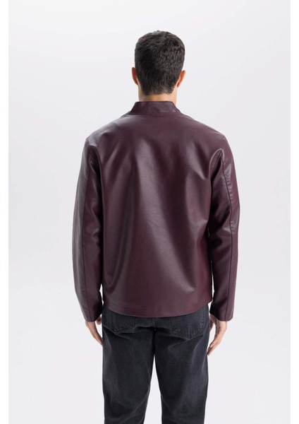 Su İtici Slim Fit Dar Kesim Dik Yaka Fermuarlı Suni Deri Mont D8525AX25SP