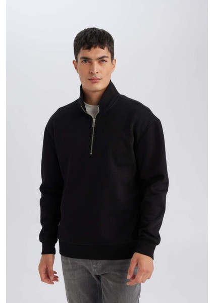 Siyah 3 İplik Pamuklu Şardonlu İçi Polarlı Comfort Regular Fit Rahat Kalıp Dik Yaka Fermuarlı Kalın Sweatshirt D9067AXNS