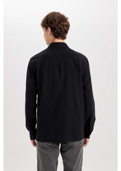 %100 Pamuk Regular Fit Basic Düz Keten Görünümlü Uzun Kollu Siyah Gömlek D7079AX24SP