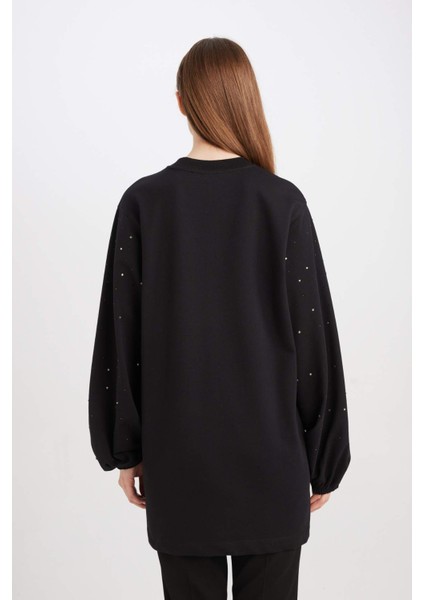 Regular Fit Bisiklet Yaka Balon Kollu Taşlı Uzun Kollu Sweatshirt Tunik D4803AX24AU
