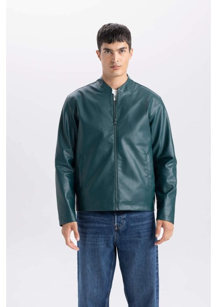 Su İtici Slim Fit Dar Kesim Dik Yaka Fermuarlı Suni Deri Mont D8525AX25SP
