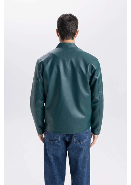 Su İtici Slim Fit Dar Kesim Dik Yaka Fermuarlı Suni Deri Mont D8525AX25SP