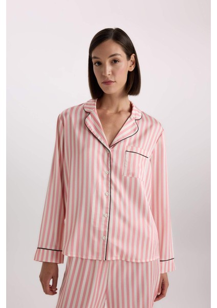 Pijama Takımı Uzun Kollu Çizgili Saten Üst Esnek Belli Uzun Alt-Fall in Love C9445AX25SP