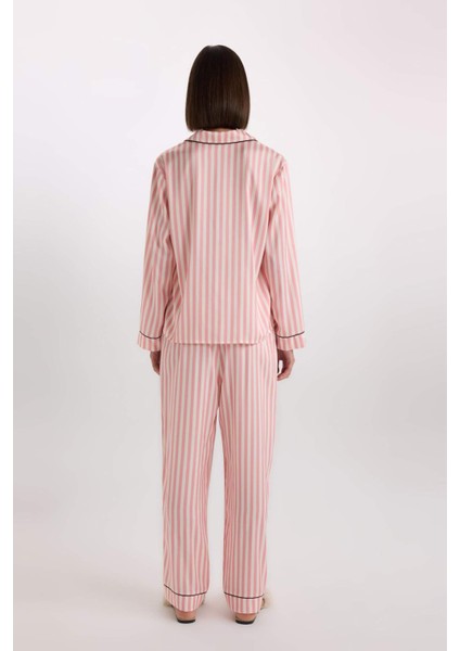 Pijama Takımı Uzun Kollu Çizgili Saten Üst Esnek Belli Uzun Alt-Fall in Love C9445AX25SP