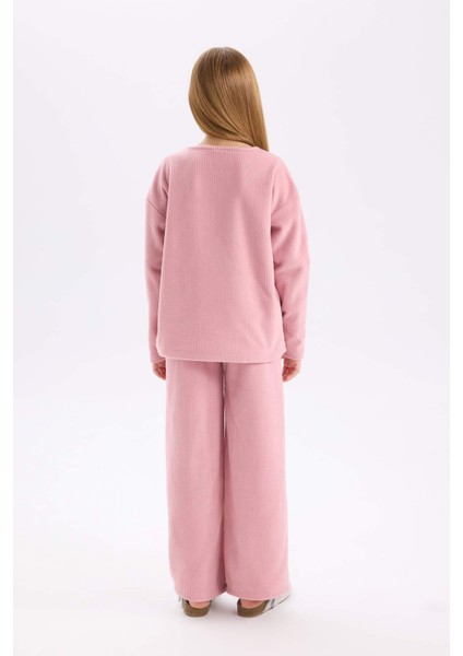 Kız Çocuk Pijama Takımı Pelüş Uzun Kollu Üst Beli Lastikli Geniş Bol Paça Alt A9859A824WN