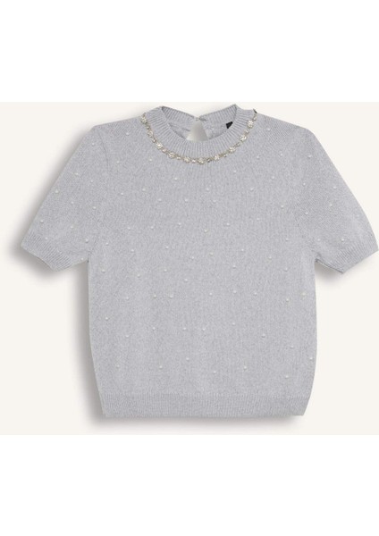 Regular Fit Taşlı Bisiklet Yaka Basic Düz Triko Kazak D8520AX24WN