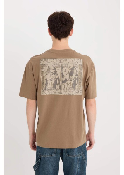 %100 Pamuk Oversize Geniş Kalıp Bisiklet Yaka Sırt Baskılı Kısa Kollu Tişört D9347AX25SP